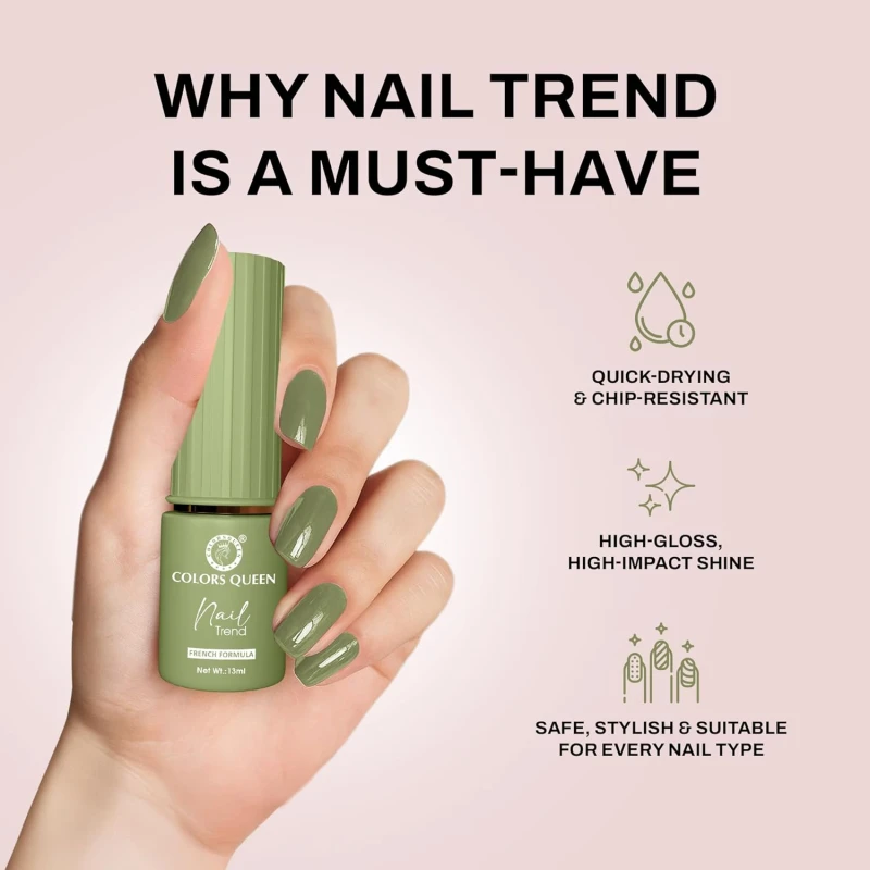 Colors Queen Nail Trend Glossy Nail Polish | Chip Resisting & Quick Drying Nail Paint with High Shine | 7 Toxin Free Formula | Vegan & Cruelty Free | Long Lasting & Vibrant Nail Paint for Women (Baby Cacti, 13ml) - Thumbnail 4